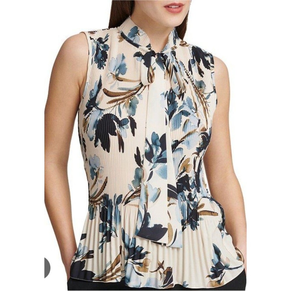DKNY Large Cream Blue Black Floral Pleated Tie Neck Sleeveless Blouse Ruffle Hem